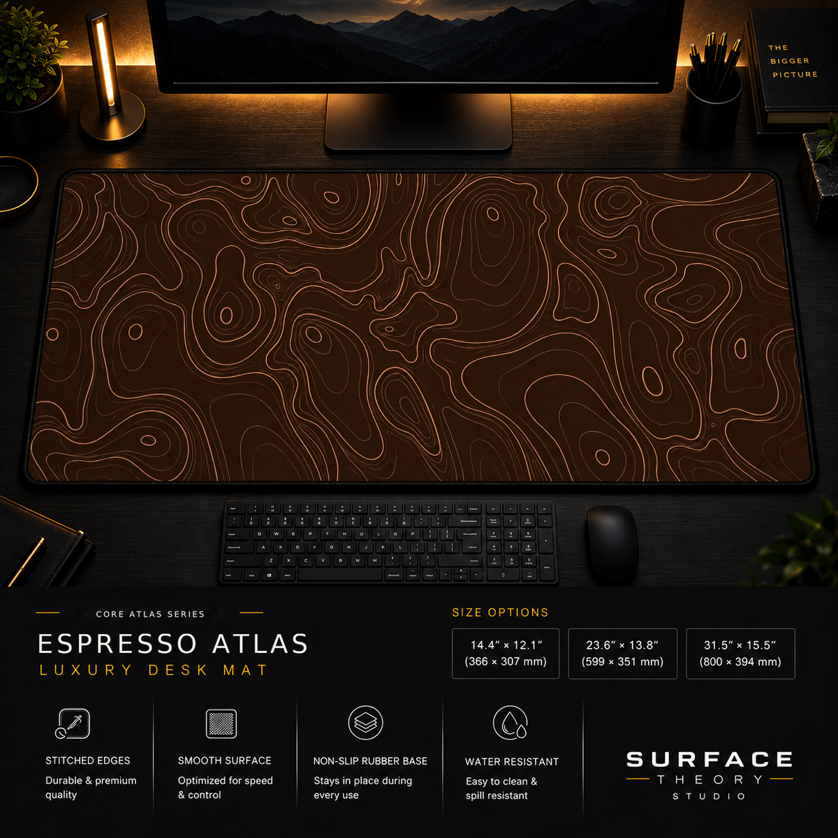 Espresso Atlas desk mat in a dark workstation with warm monitor lighting.