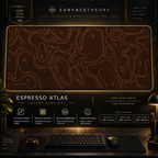 Espresso Atlas desk mat in a gold-toned showcase frame above a keyboard.