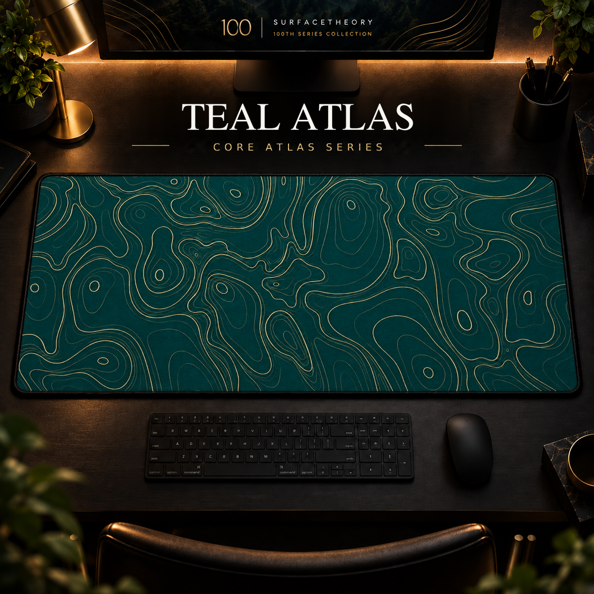 Teal Atlas desk mat with fine topographic-inspired contours across the full surface in a warm, dark workspace.