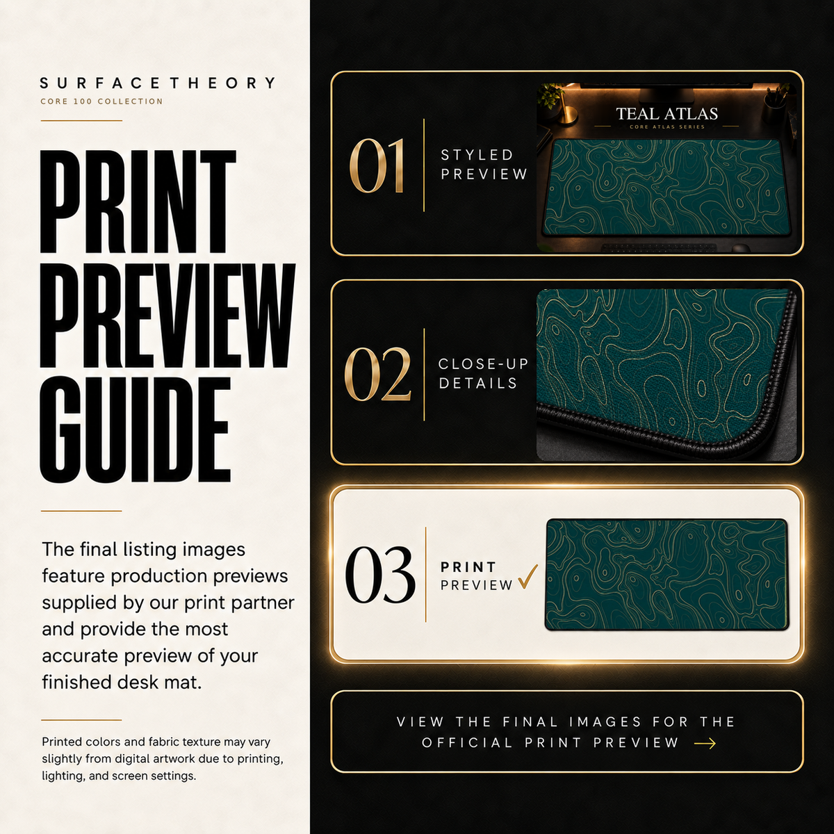 Teal Atlas print preview guide comparing styled presentation, close-up and print reference.