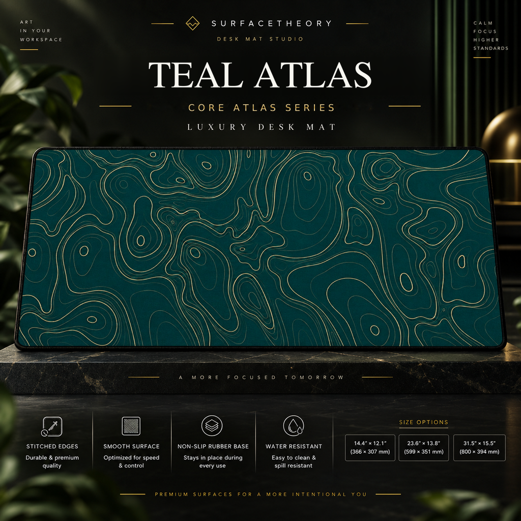 Teal Atlas desk mat on a studio display with size and product information.