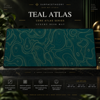 Teal Atlas desk mat on a studio display with size and product information.