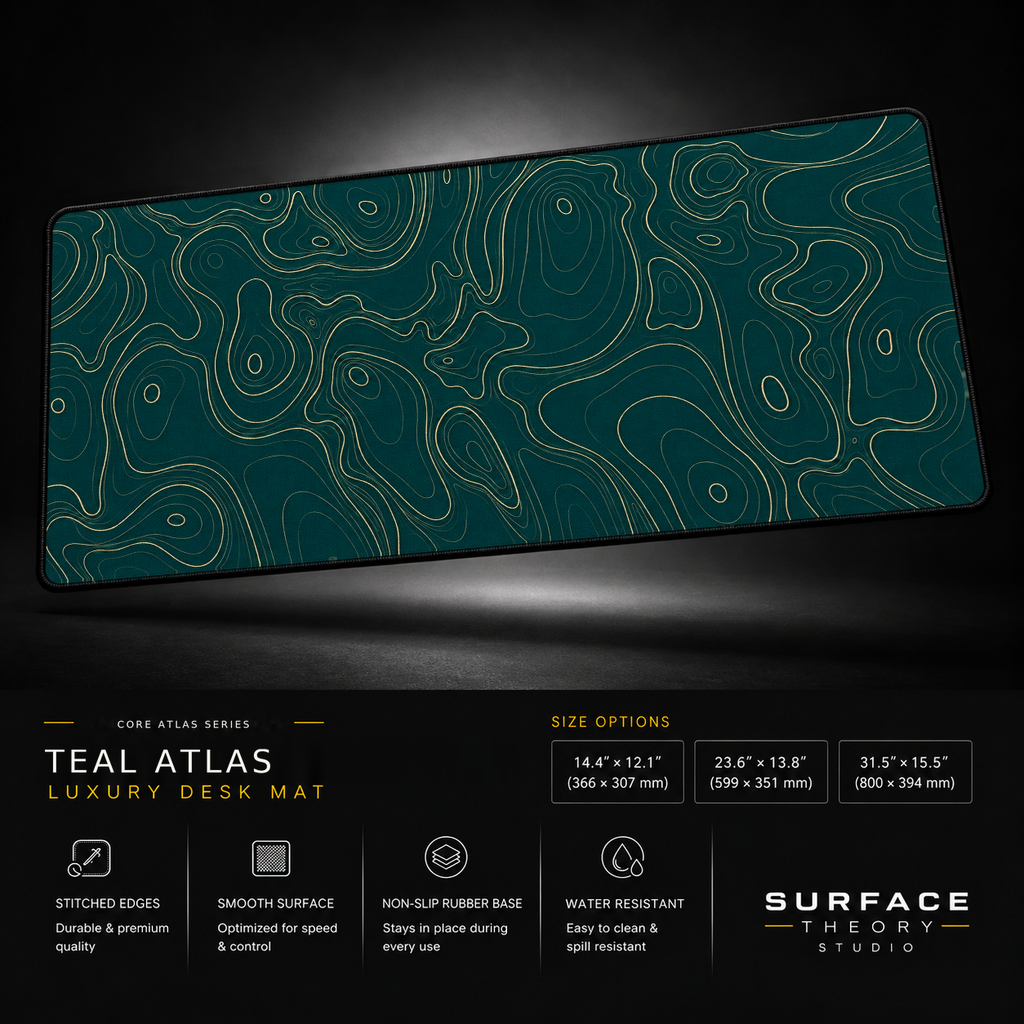 Teal Atlas desk mat floating against a dark studio background.