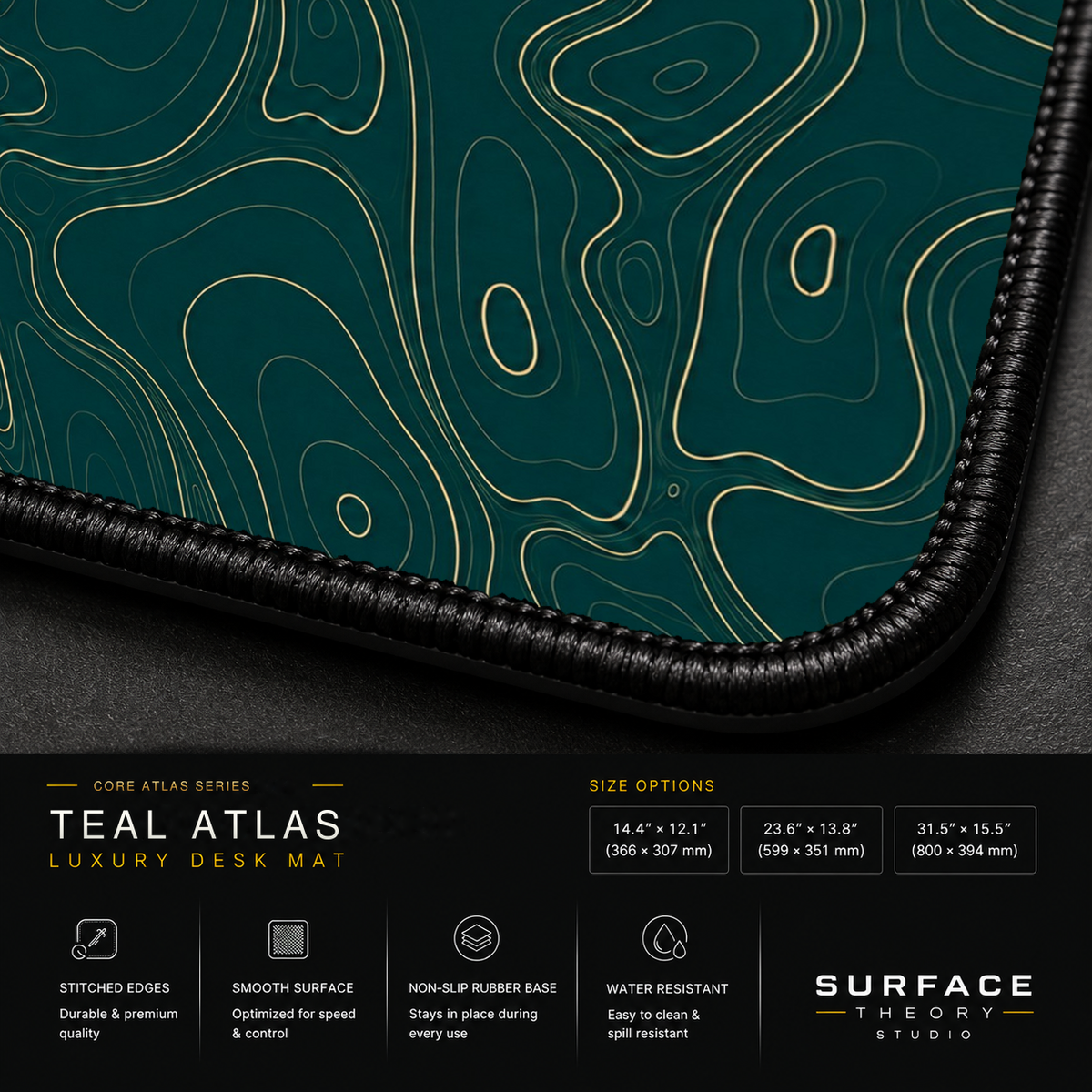Close-up of Teal Atlas printed artwork and black stitched corner.