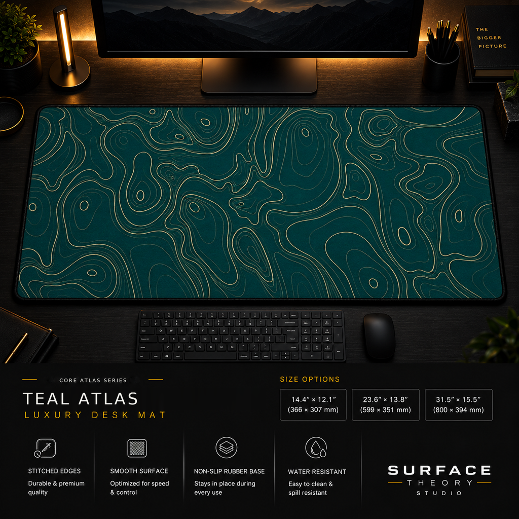 Teal Atlas desk mat in a dark workstation with warm monitor lighting.