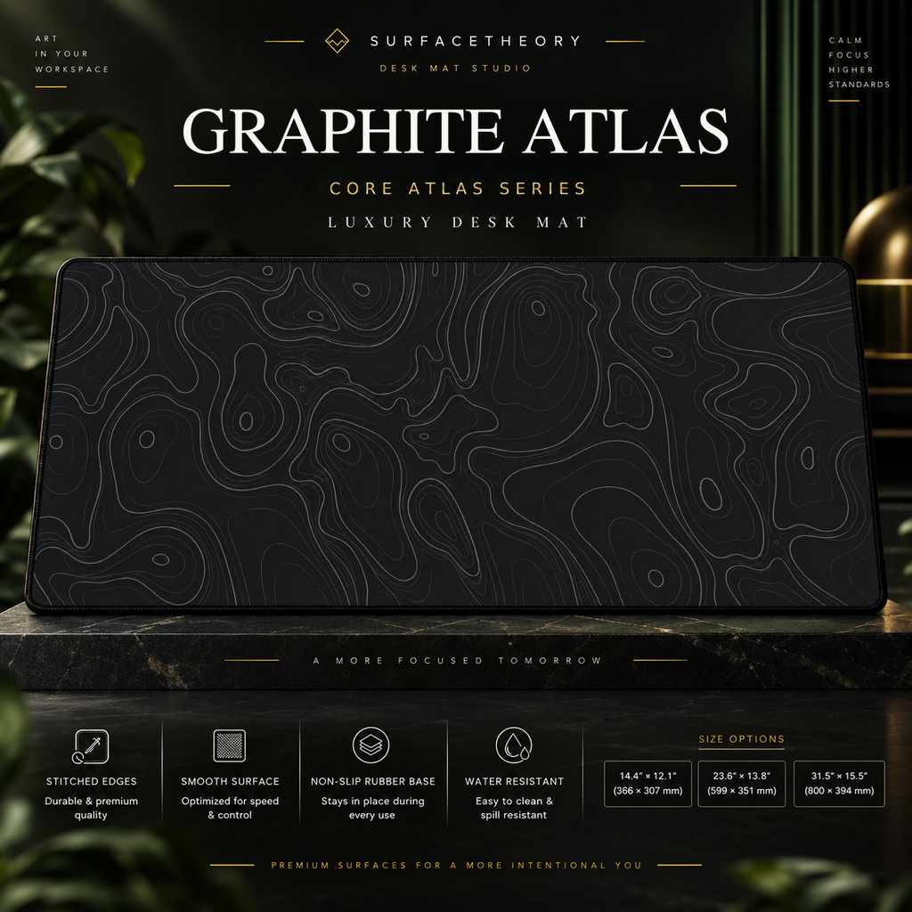 Graphite Atlas desk mat on a studio display with size and product information.