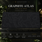 Graphite Atlas desk mat on a studio display with size and product information.
