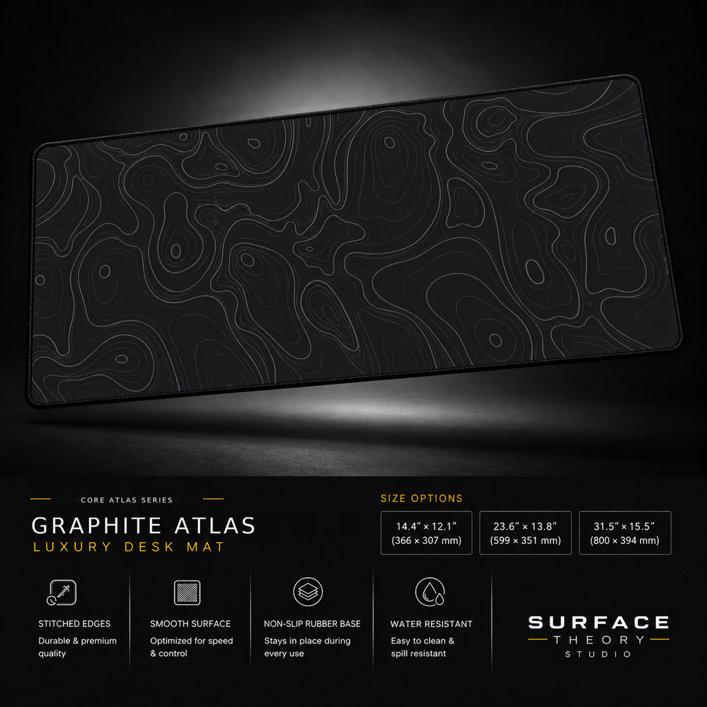 Graphite Atlas desk mat floating against a dark studio background.