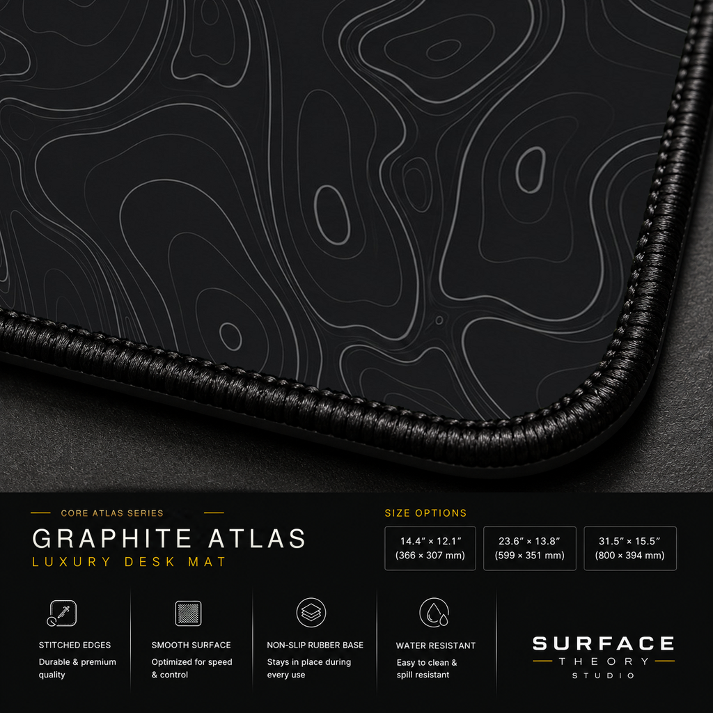 Close-up of Graphite Atlas printed artwork and black stitched corner.