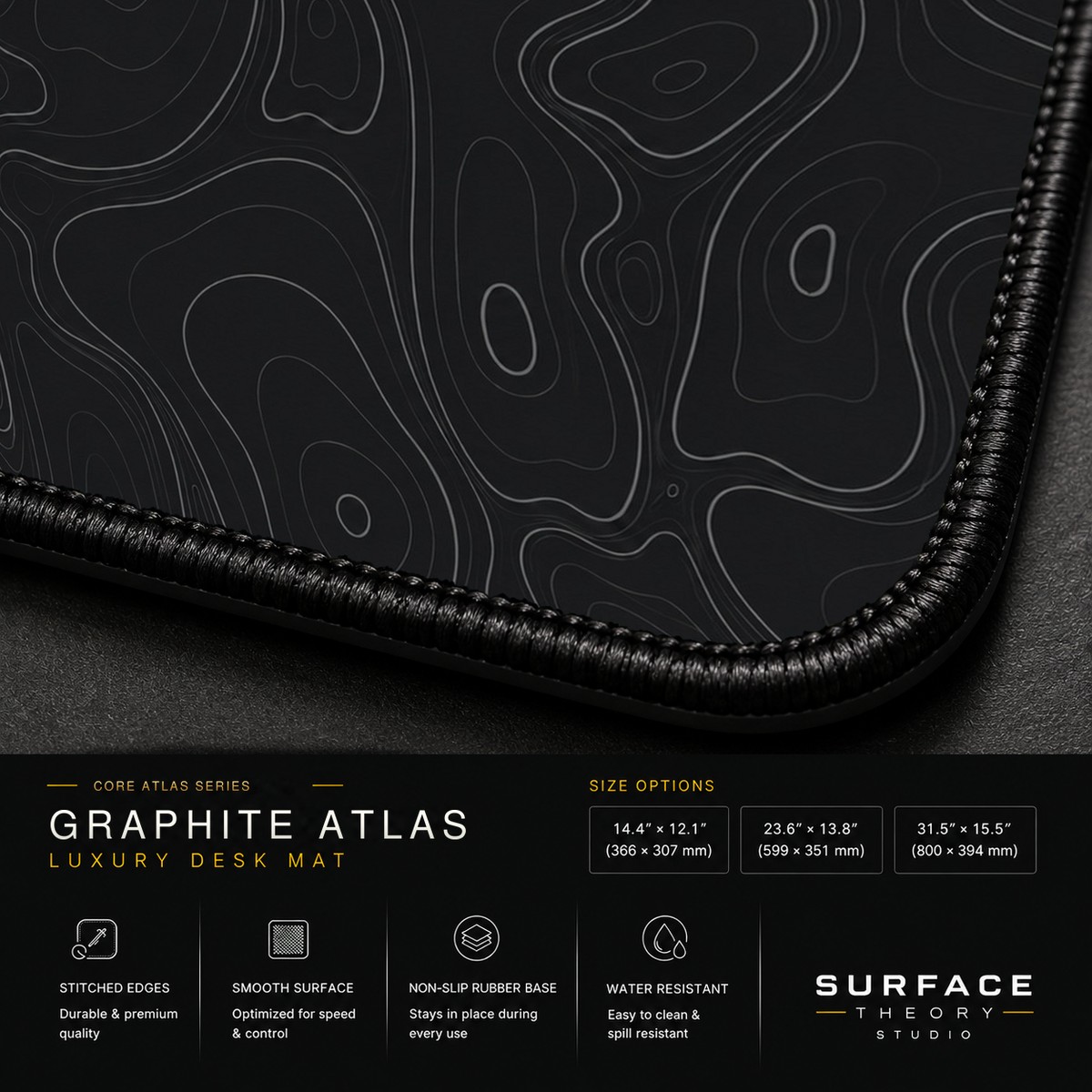 Close-up of Graphite Atlas printed artwork and black stitched corner.