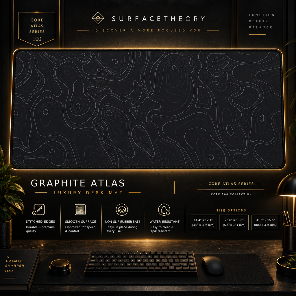 Graphite Atlas desk mat in a gold-toned showcase frame above a keyboard.