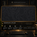 Graphite Atlas desk mat in a gold-toned showcase frame above a keyboard.