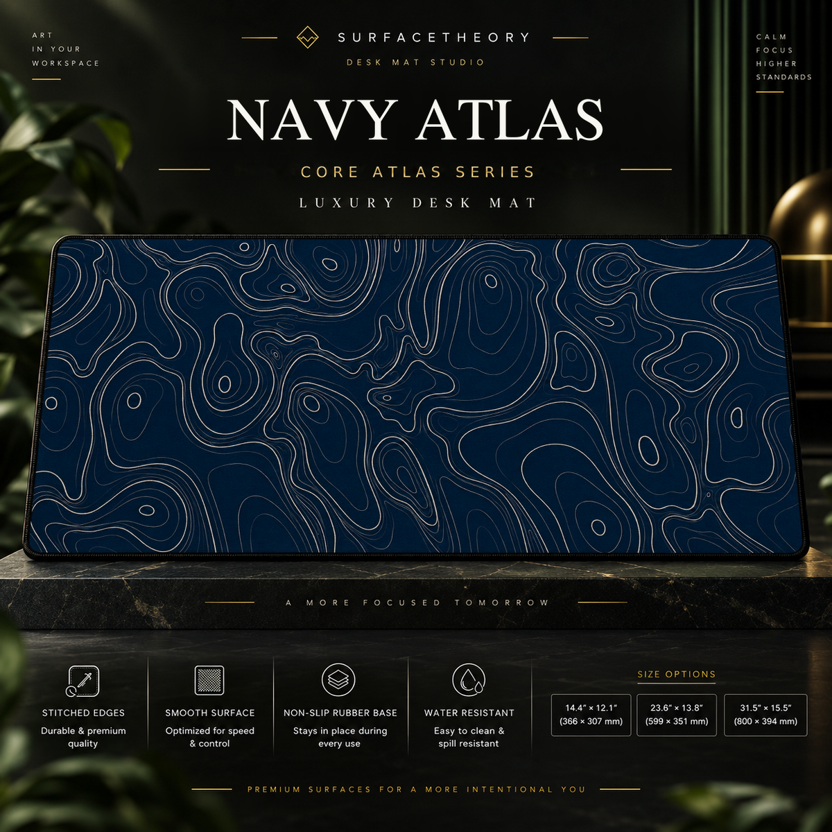 Navy Atlas desk mat on a studio display with size and product information.