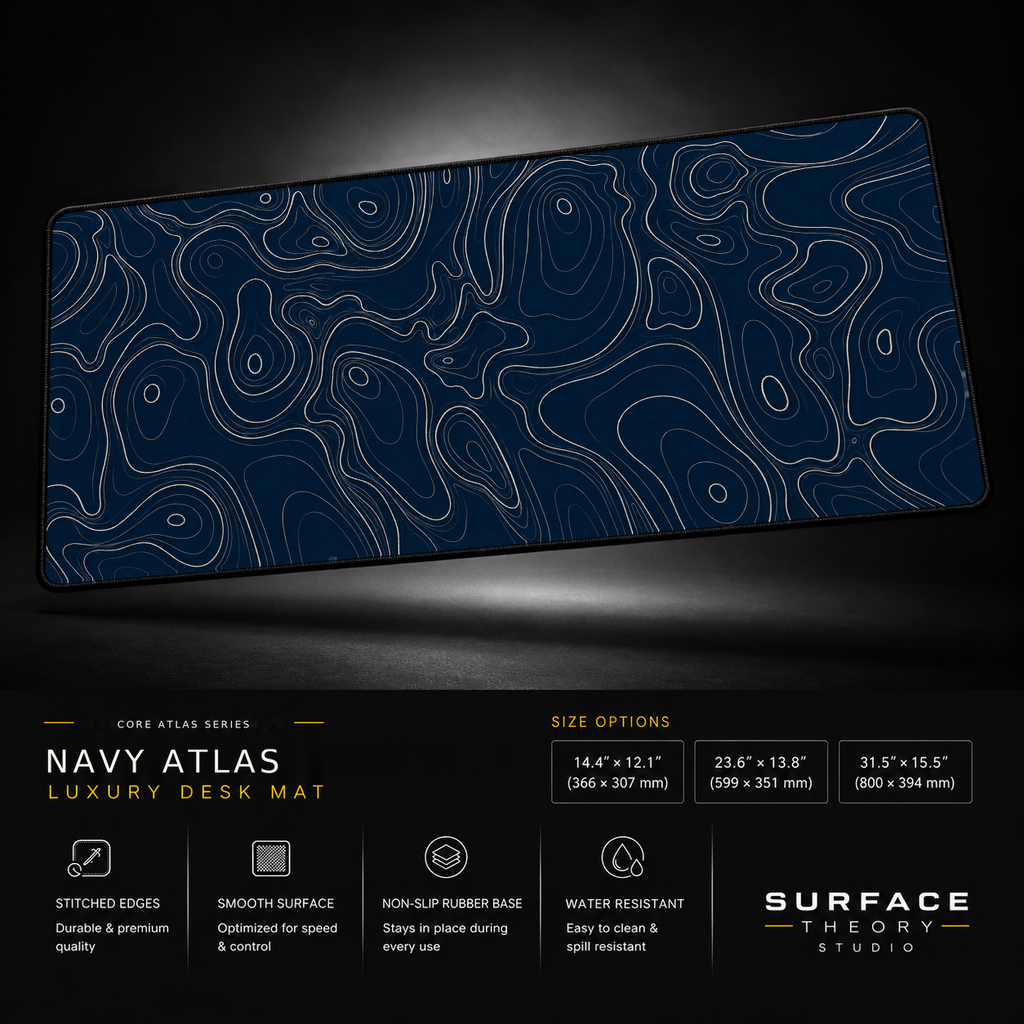 Navy Atlas desk mat floating against a dark studio background.