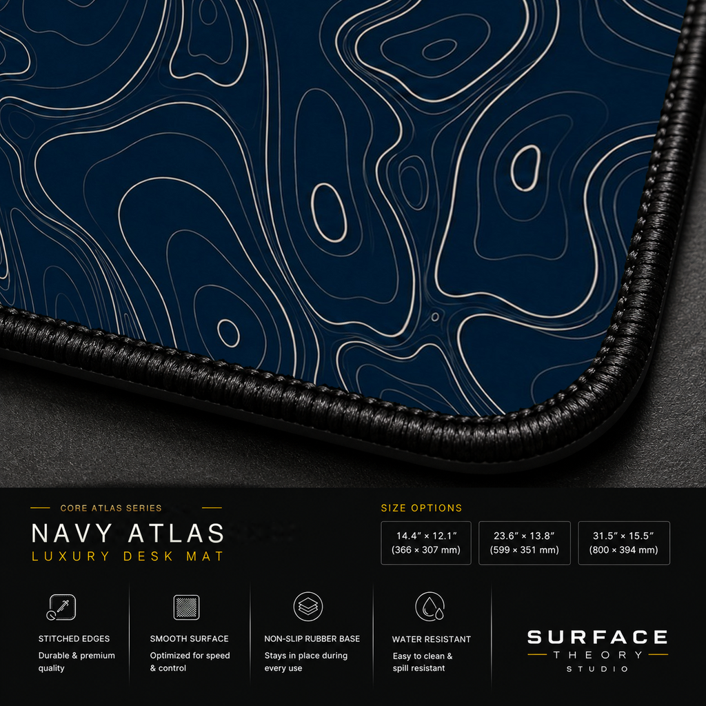 Close-up of Navy Atlas printed artwork and black stitched corner.