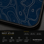 Close-up of Navy Atlas printed artwork and black stitched corner.