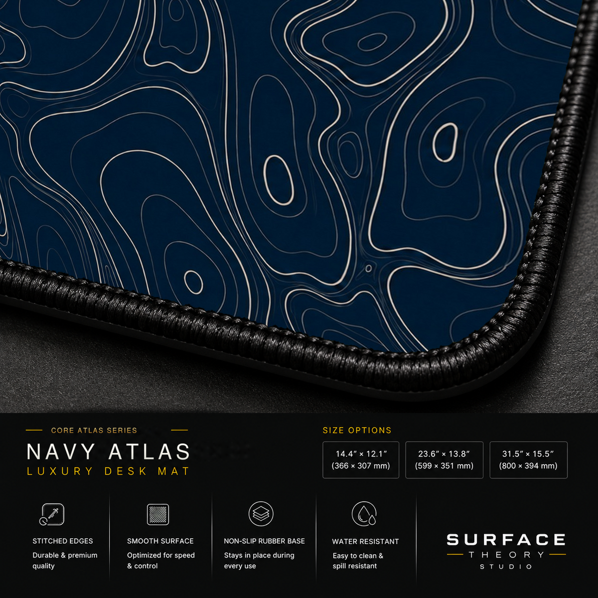 Close-up of Navy Atlas printed artwork and black stitched corner.