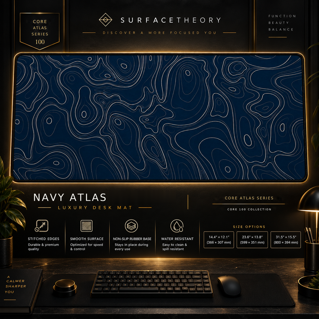 Navy Atlas desk mat in a gold-toned showcase frame above a keyboard.