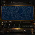 Navy Atlas desk mat in a gold-toned showcase frame above a keyboard.
