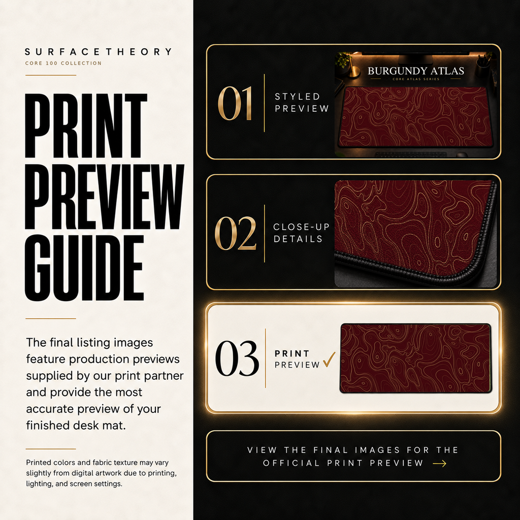 Burgundy Atlas print preview guide comparing styled presentation, close-up and print reference.