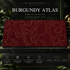 Burgundy Atlas desk mat on a studio display with size and product information.
