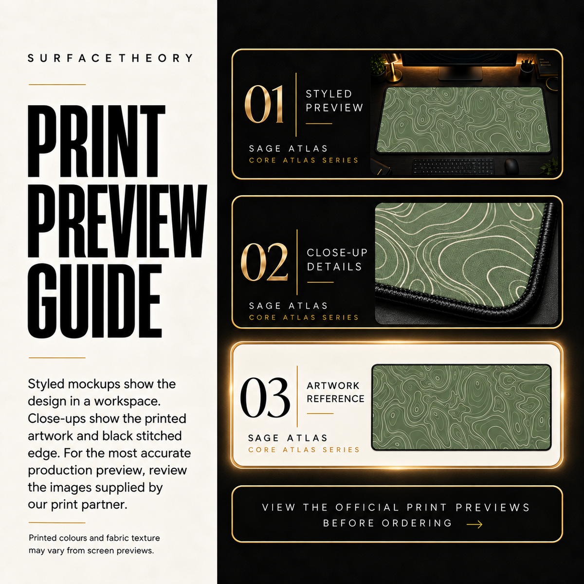 Sage Atlas print preview guide comparing styled presentation, close-up and print reference.