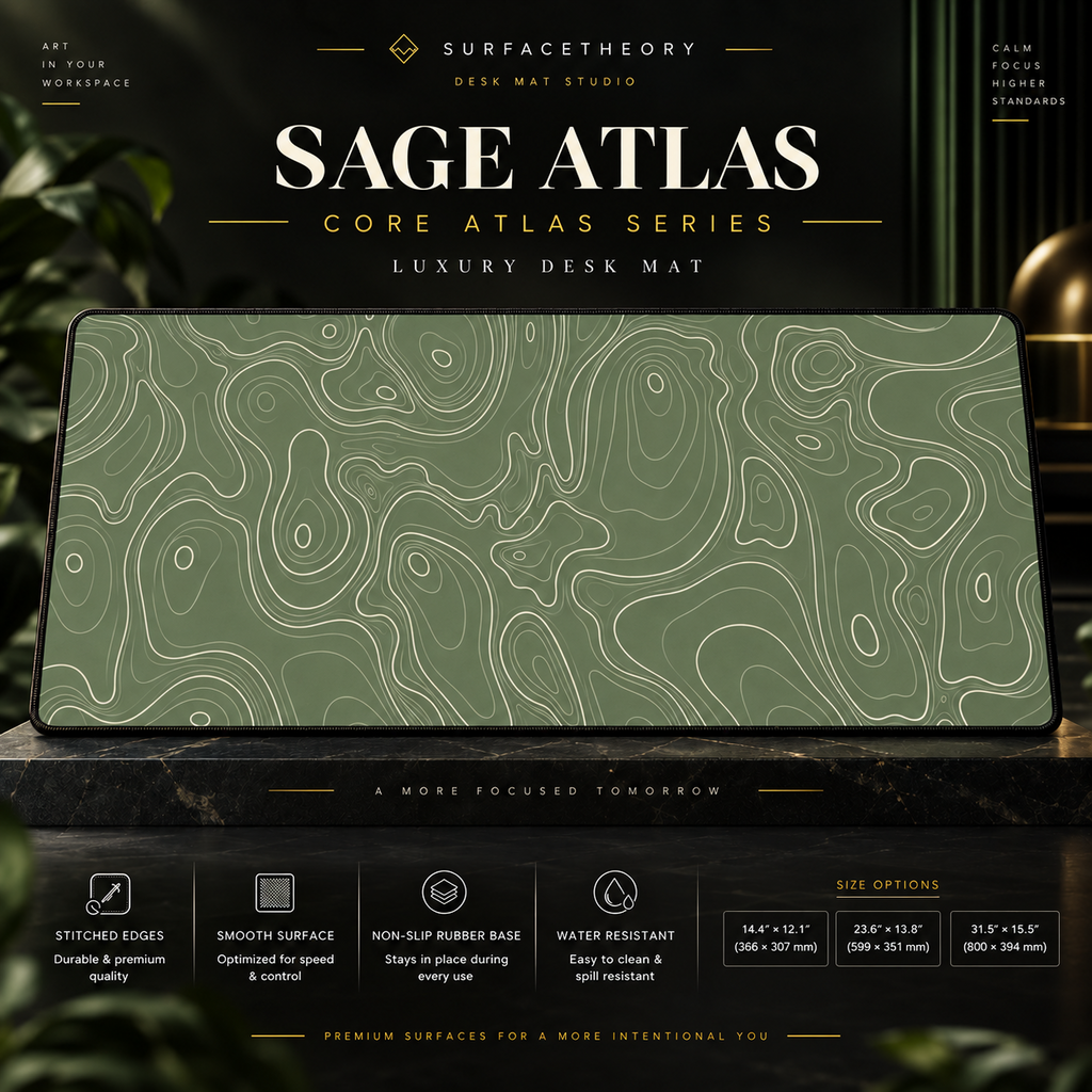 Sage Atlas desk mat on a studio display with size and product information.