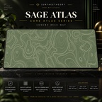 Sage Atlas desk mat on a studio display with size and product information.