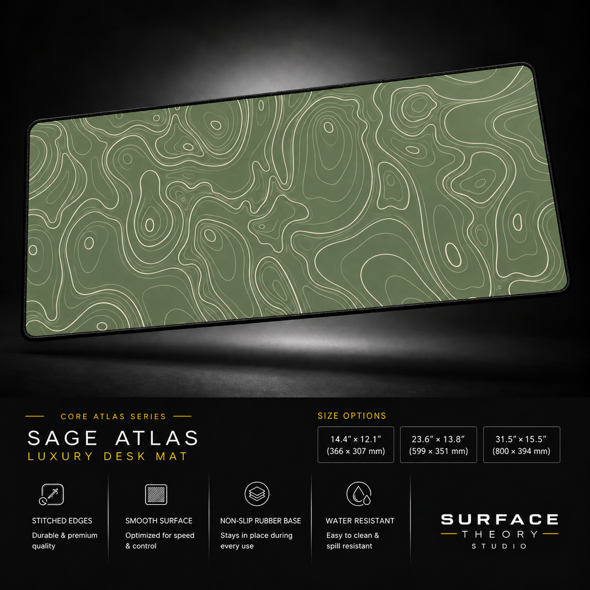Sage Atlas desk mat floating against a dark studio background.