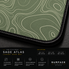 Close-up of Sage Atlas printed artwork and black stitched corner.