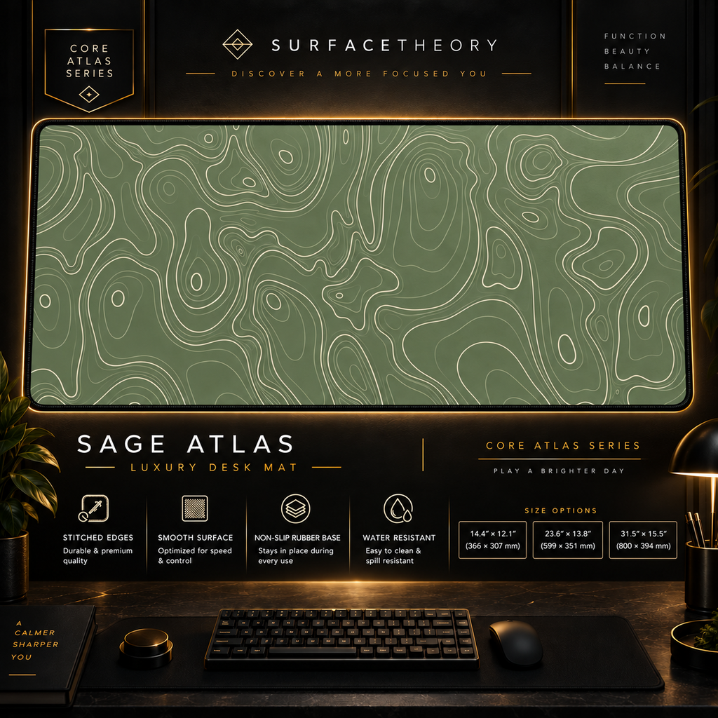 Sage Atlas desk mat in a gold-toned showcase frame above a keyboard.