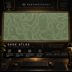 Sage Atlas desk mat in a gold-toned showcase frame above a keyboard.
