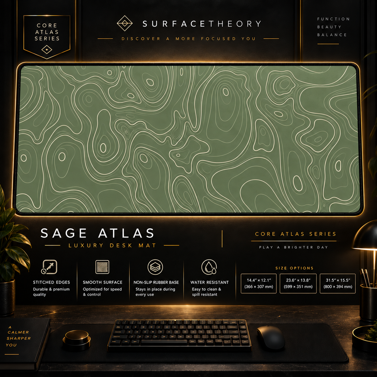 Sage Atlas desk mat in a gold-toned showcase frame above a keyboard.