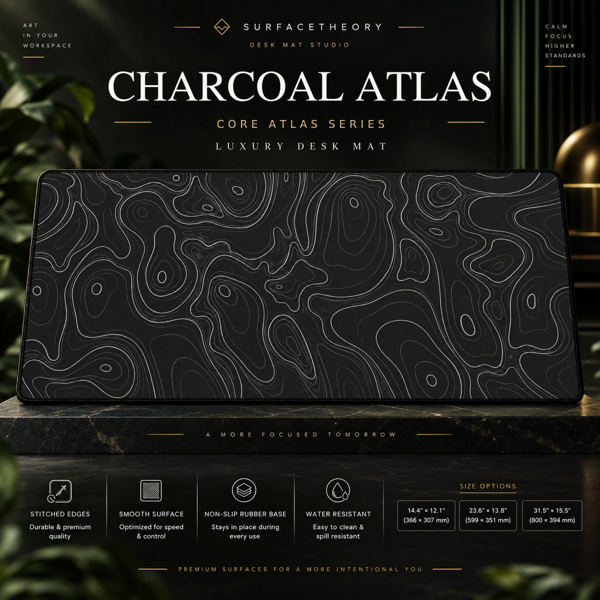 Charcoal Atlas desk mat on a studio display with size and product information.