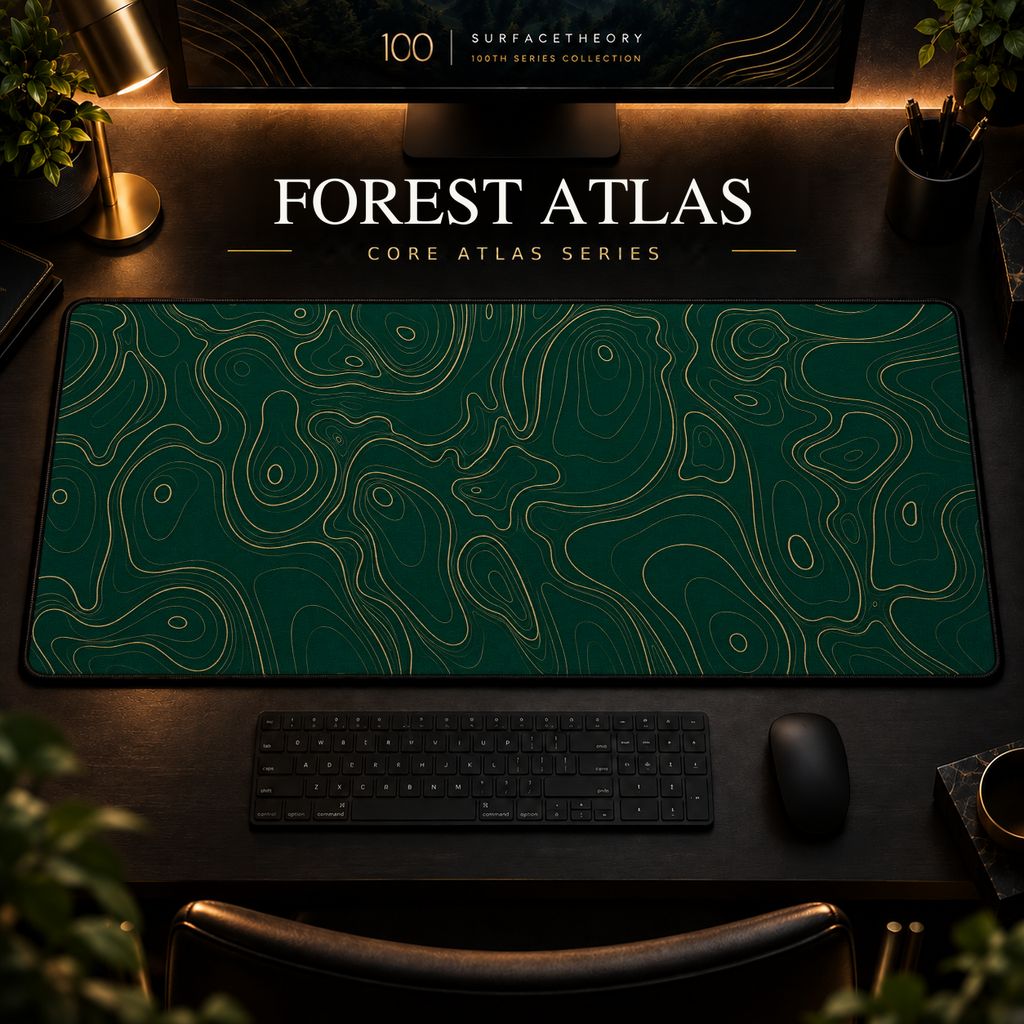 Forest Atlas desk mat with fine topographic-inspired contours across the full surface in a warm, dark workspace.