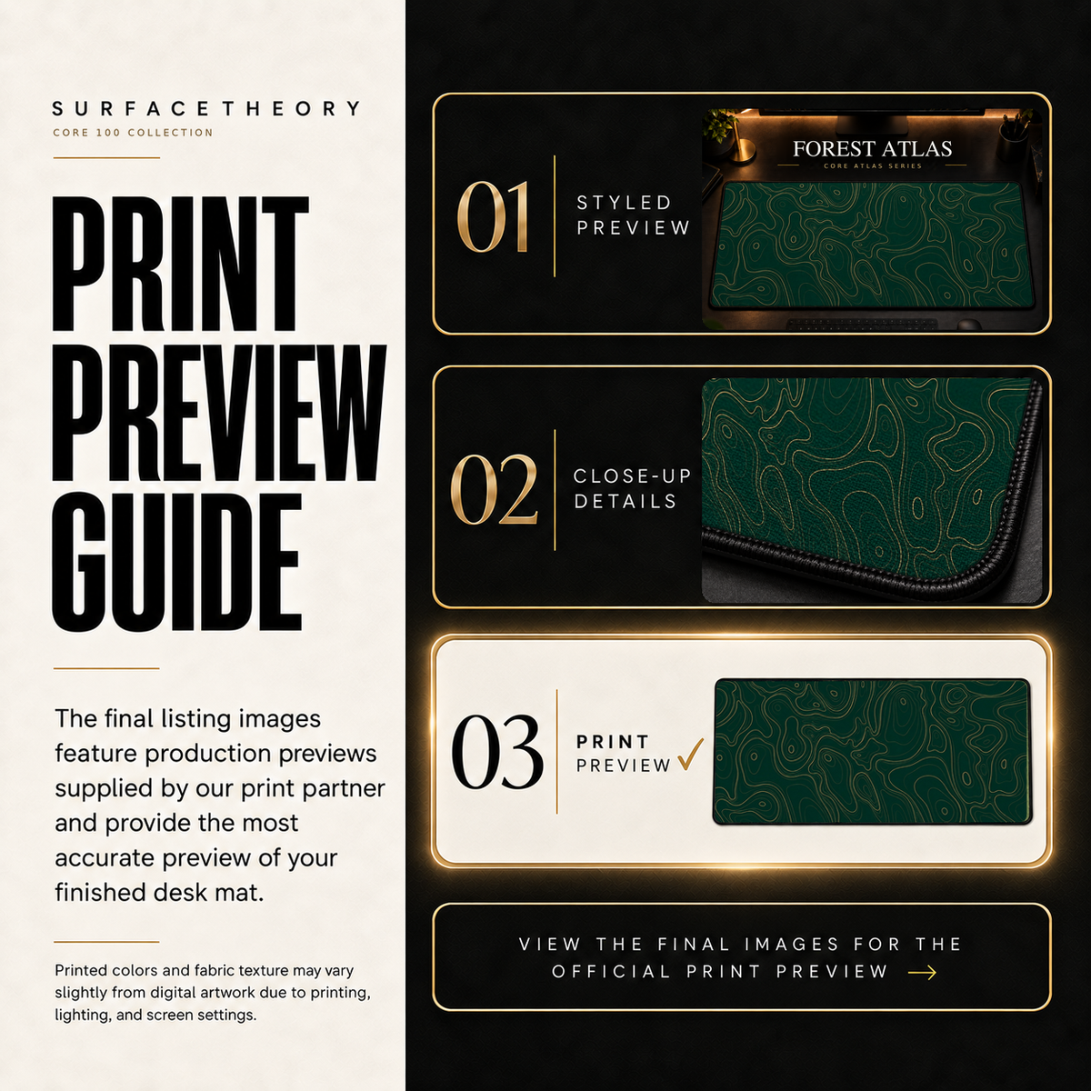 Forest Atlas print preview guide comparing styled presentation, close-up and print reference.