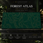 Forest Atlas desk mat on a studio display with size and product information.