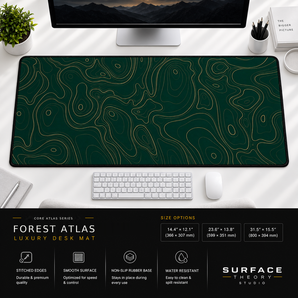 Forest Atlas desk mat beneath a monitor on a bright desk with a white keyboard and mouse.