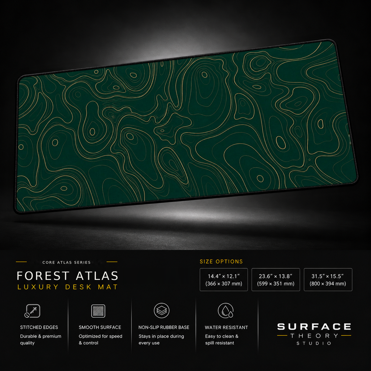 Forest Atlas desk mat floating against a dark studio background.