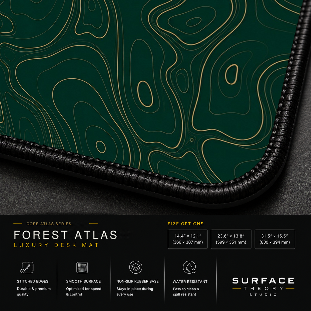 Close-up of Forest Atlas printed artwork and black stitched corner.