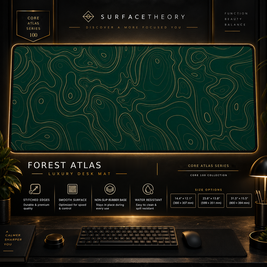 Forest Atlas desk mat in a gold-toned showcase frame above a keyboard.