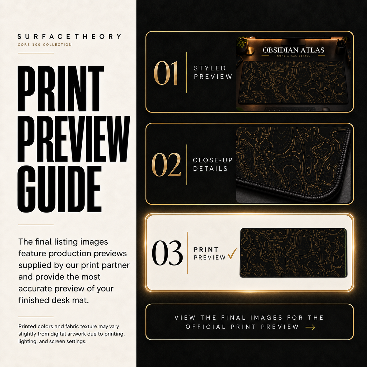 Obsidian Atlas print preview guide comparing styled presentation, close-up and print reference.