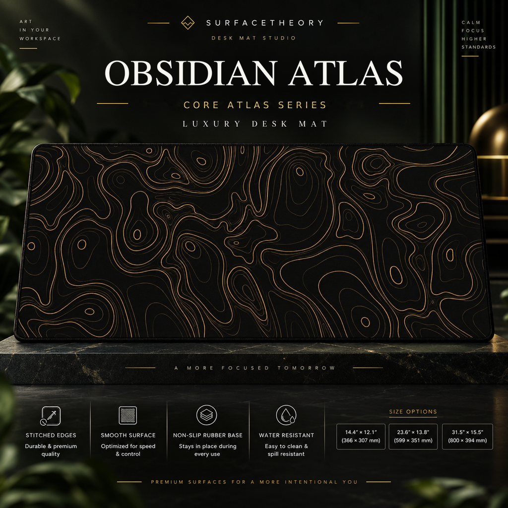 Obsidian Atlas desk mat on a studio display with size and product information.