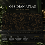 Obsidian Atlas desk mat on a studio display with size and product information.