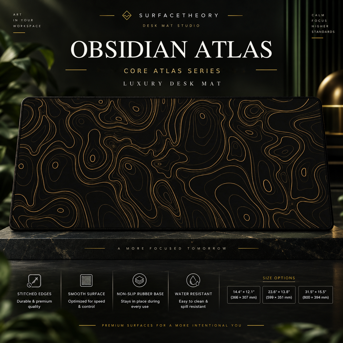 Obsidian Atlas desk mat on a studio display with size and product information.