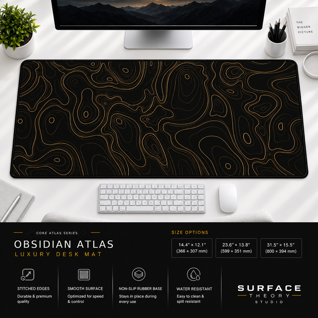 Obsidian Atlas desk mat beneath a monitor on a bright desk with a white keyboard and mouse.