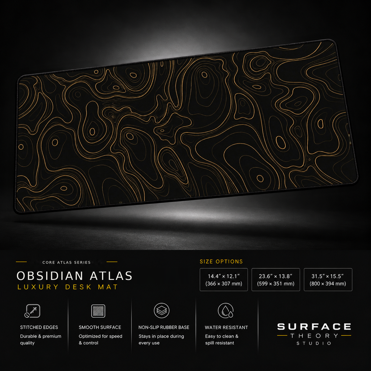 Obsidian Atlas desk mat floating against a dark studio background.