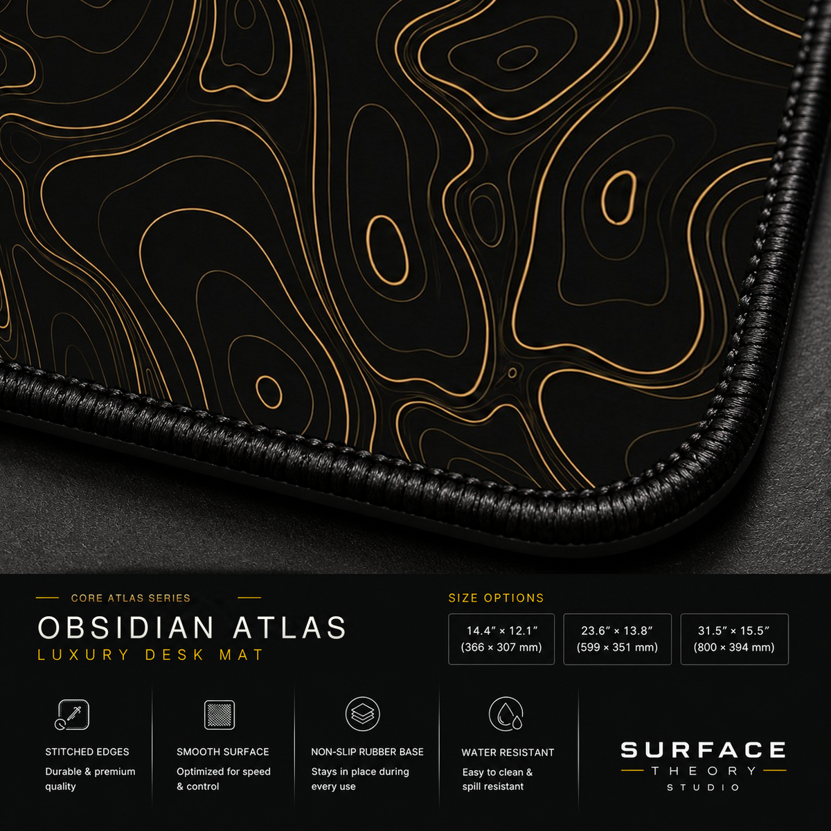 Close-up of Obsidian Atlas printed artwork and black stitched corner.