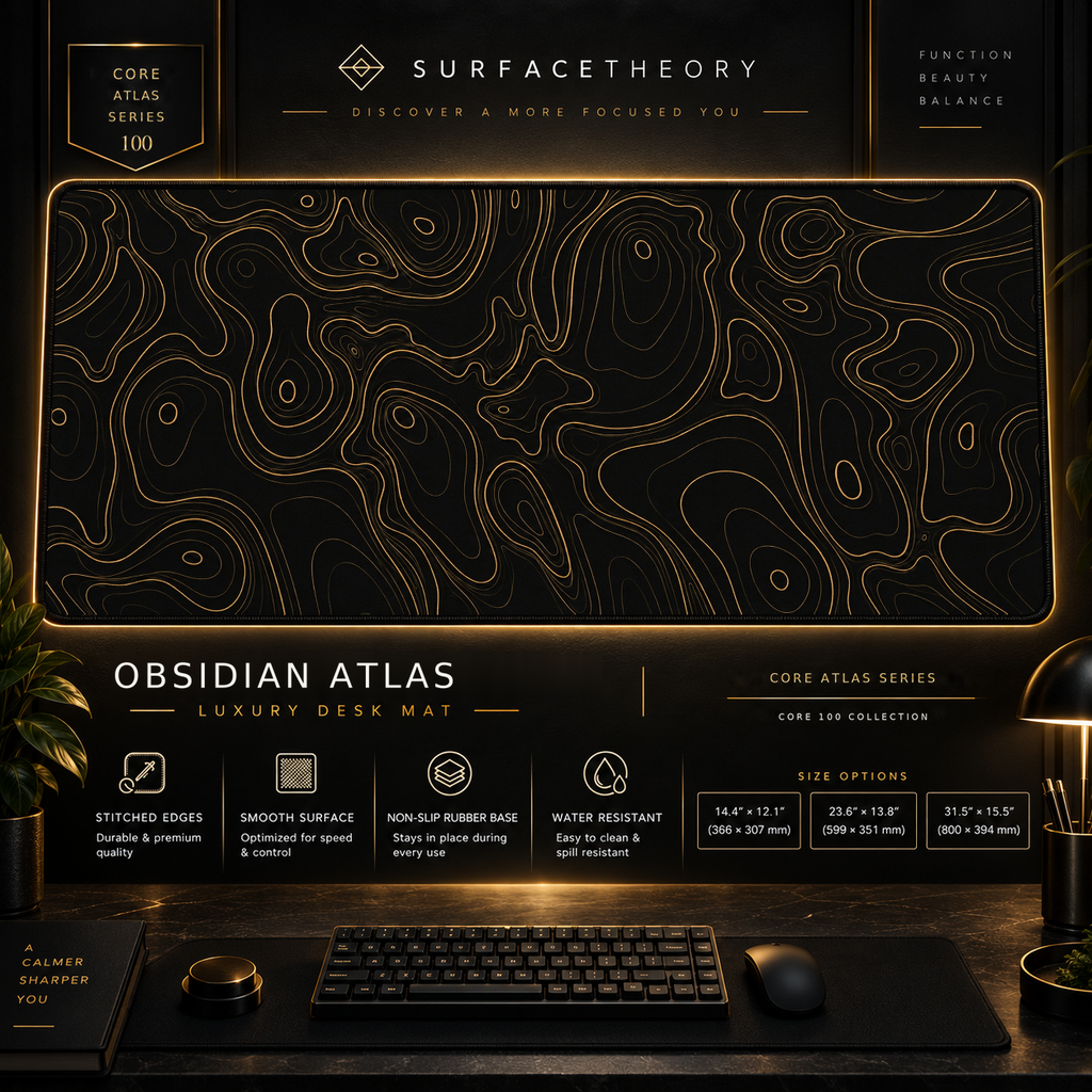 Obsidian Atlas desk mat in a gold-toned showcase frame above a keyboard.