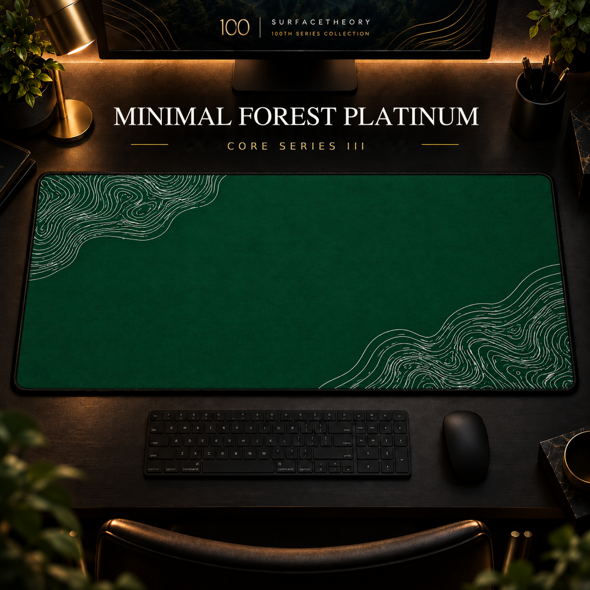 Minimal Forest Platinum desk mat with fine contours in opposing corners in a warm, dark workspace.